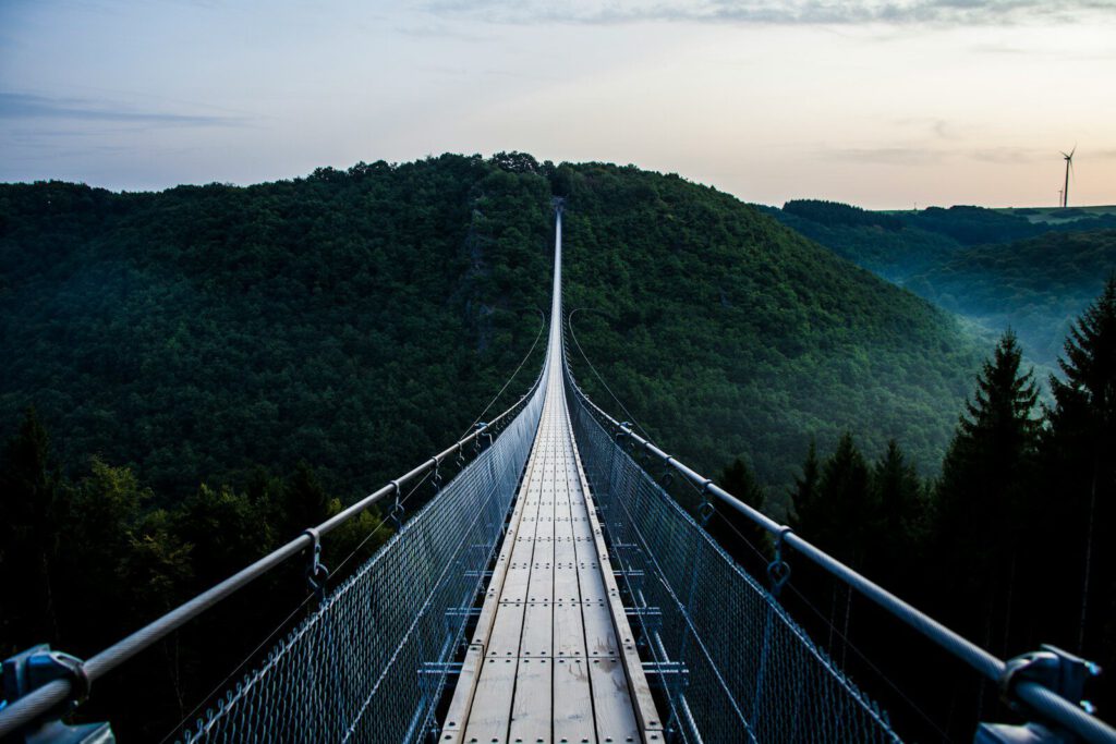 gray and black wooden bridge across mountains covered by trees